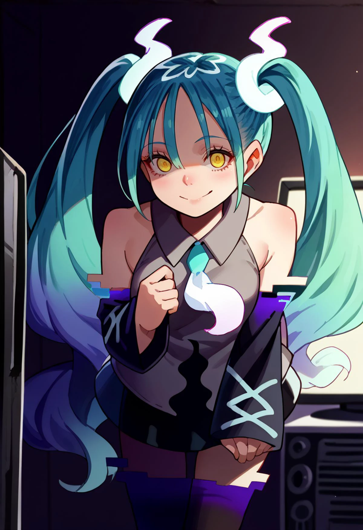solo, score_9, score_7_up, source_anime, BREAK creepy smile, leaning forward, <lora:projectvoltage_ghostmiku_ponyXL:1> ghostmiku, gradient hair, aqua hair, blue hair, yellow eyes pale skin, twintails, glitch, grey shirt, sleeveless shirt, white necktie, black sleeves, detached sleeves, print sleeves, bare shoulders, sleeves past fingers, black skirt, see-through skirt, black thighhighs, darkness, intense shadows, tv static, <lora:muk_pony_v2:1>