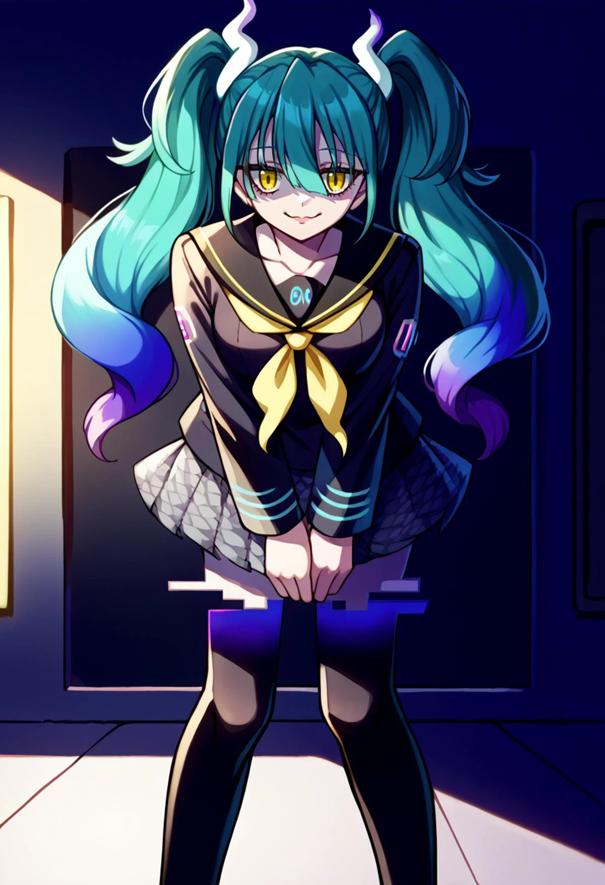 solo, score_9, score_7_up, source_anime, BREAK creepy smile, leaning forward, <lora:projectvoltage_ghostmiku_ponyXL:1> ghostmiku, gradient hair, aqua hair, blue hair, yellow eyes pale skin, twintails, glitch, <lora:ChamYasogamiSchoolUniformPonyXL:1> YasogamiFemaleWinter, black shirt, long sleeves, black sailor collar, yellow neckerchief, grey skirt, black thighhighs,( televisions, tv static:1.2),