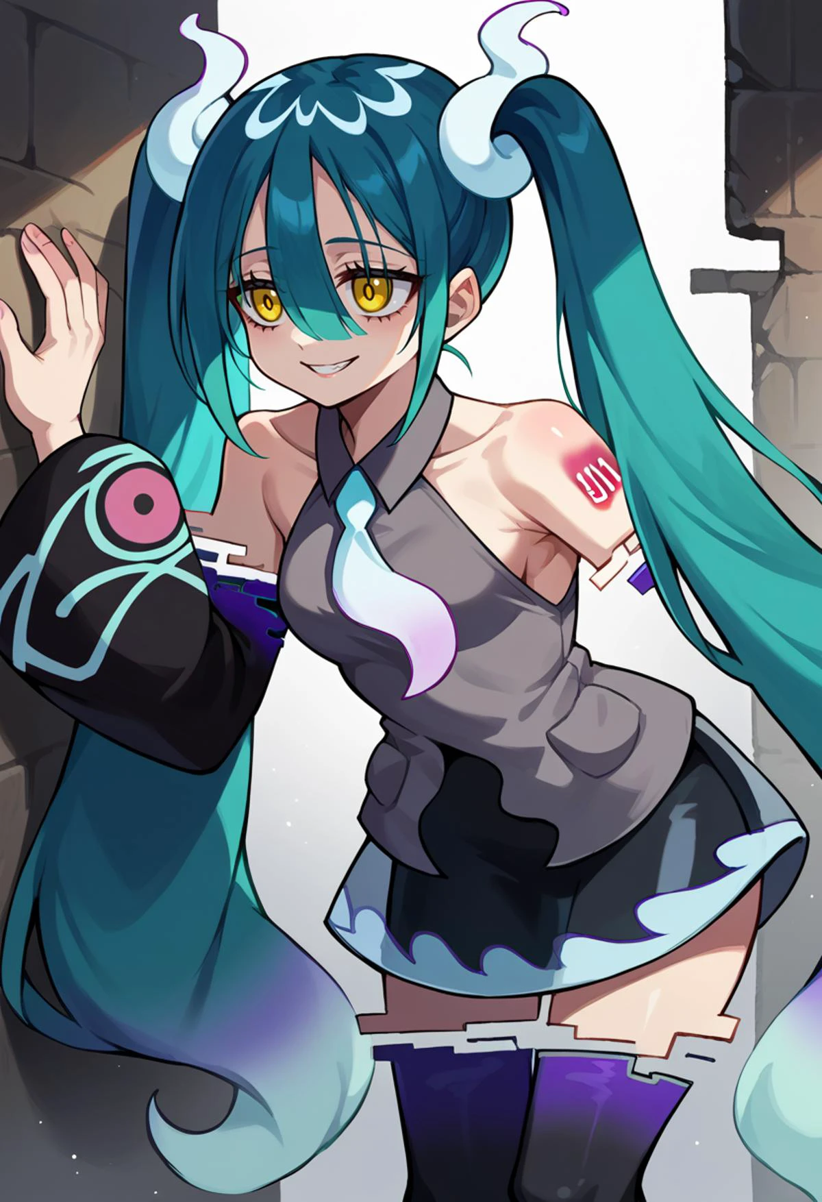 solo, score_9, score_7_up, source_anime, BREAK creepy smile, leaning forward, <lora:projectvoltage_ghostmiku_ponyXL:1> ghostmiku, gradient hair, aqua hair, blue hair, yellow eyes pale skin, twintails, glitch, grey shirt, sleeveless shirt, white necktie, black sleeves, detached sleeves, print sleeves, bare shoulders, sleeves past fingers, black skirt, see-through skirt, black thighhighs,