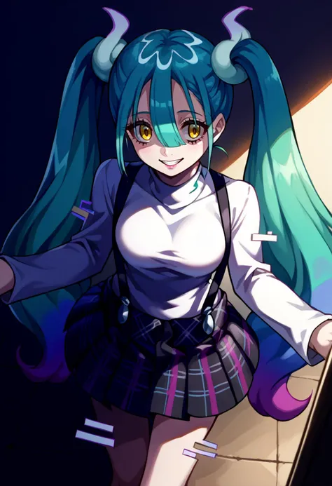 solo, score_9, score_7_up, source_anime, BREAK  creepy smile, leaning forward,  <lora:projectvoltage_ghostmiku_ponyXL:1> ghostmiku, gradient hair, aqua hair, blue hair, yellow eyes pale skin, twintails, glitch, <lora:ChamShuujinAcademyUniformPonyXL:1> GirlSuspenders, white turtleneck, suspenders, plaid skirt,