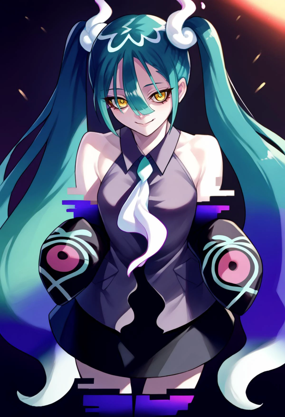 solo, score_9, score_7_up, source_anime, BREAK creepy smile, leaning forward, <lora:projectvoltage_ghostmiku_ponyXL:1> ghostmiku, gradient hair, aqua hair, blue hair, yellow eyes pale skin, twintails, glitch, grey shirt, sleeveless shirt, white necktie, black sleeves, detached sleeves, print sleeves, bare shoulders, sleeves past fingers, black skirt, see-through skirt, black thighhighs, darkness, intense shadows, tv static, <lora:Ban!_(bansankan)_PonyXL_style_v01:1>