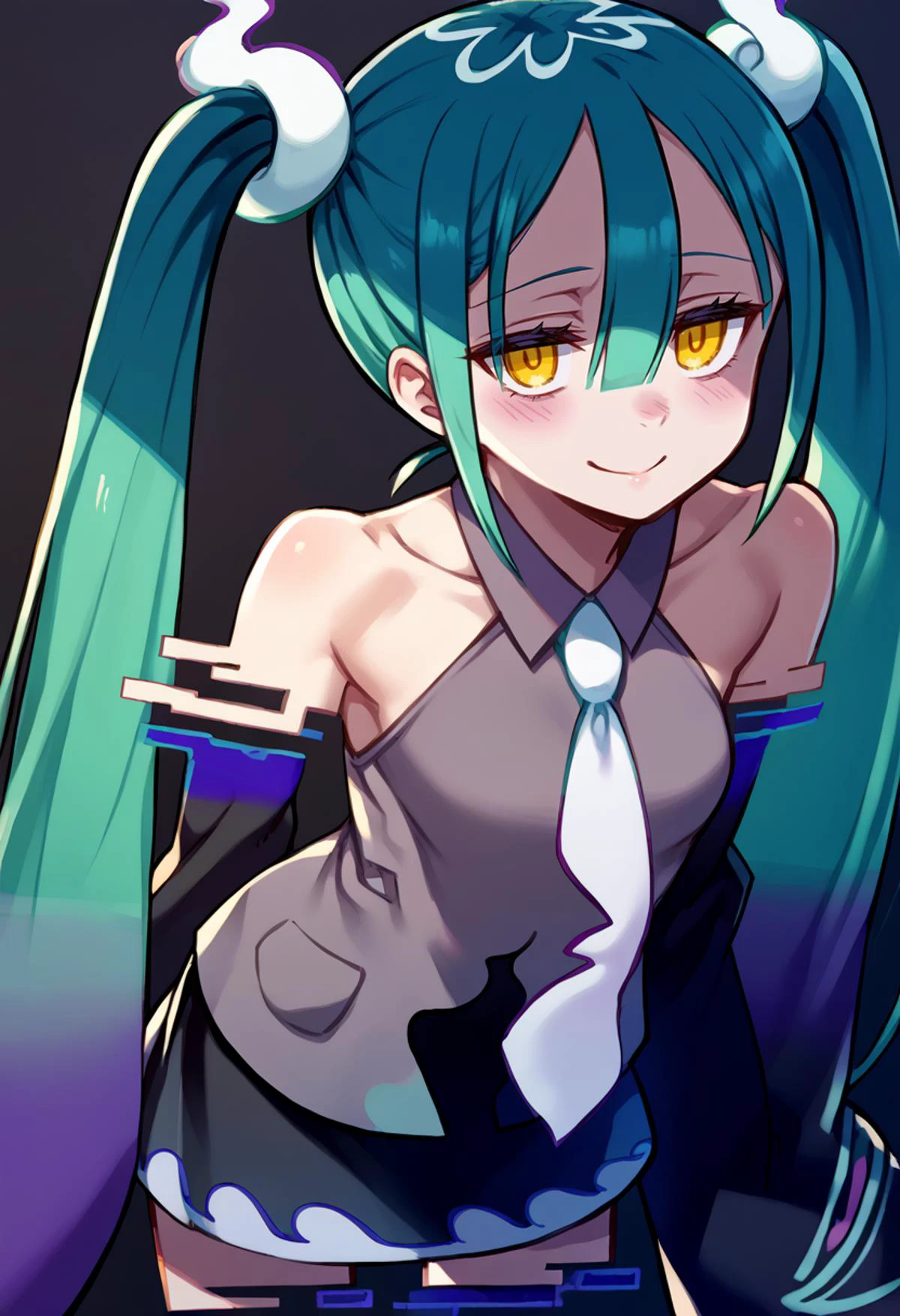 solo, score_9, score_7_up, source_anime, BREAK creepy smile, leaning forward, <lora:projectvoltage_ghostmiku_ponyXL:1> ghostmiku, gradient hair, aqua hair, blue hair, yellow eyes pale skin, twintails, glitch, grey shirt, sleeveless shirt, white necktie, black sleeves, detached sleeves, print sleeves, bare shoulders, sleeves past fingers, black skirt, see-through skirt, black thighhighs, darkness, intense shadows, tv static, <lora:kuroboshi_kouhaku_PonyXL_style_v01:1>