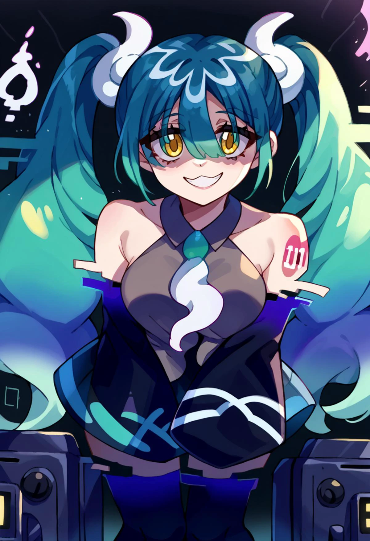 solo, score_9, score_7_up, source_anime, BREAK creepy smile, leaning forward, <lora:projectvoltage_ghostmiku_ponyXL:1> ghostmiku, gradient hair, aqua hair, blue hair, yellow eyes pale skin, twintails, glitch, grey shirt, sleeveless shirt, white necktie, black sleeves, detached sleeves, print sleeves, bare shoulders, sleeves past fingers, black skirt, see-through skirt, black thighhighs, darkness, intense shadows, tv static, <lora:Momoiiroo_Art_Style_PonyXL:1> momoiiroo,