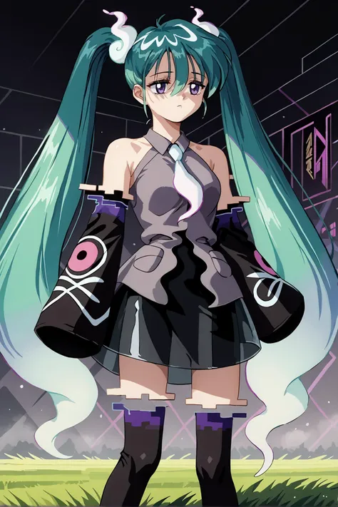 score_9, source_anime, score_7_up, 1girl, solo, <lora:projectvoltage_ghostmiku_ponyXL:1> ghostmiku, pale skin, twintails, glitch, grey shirt, sleeveless shirt, white necktie, black sleeves, detached sleeves, print sleeves, sleeves past fingers, black skirt, see-through skirt, black thighhighs, bare shoulders, argyle background, dotted clothes, complex textures, partially-closed eyes, vertical eyes, fog, transparent skin, in old well, grass, <lora:FeOva-pdxl_Fp:0.8> retro artstyle, 1990s \(style\)