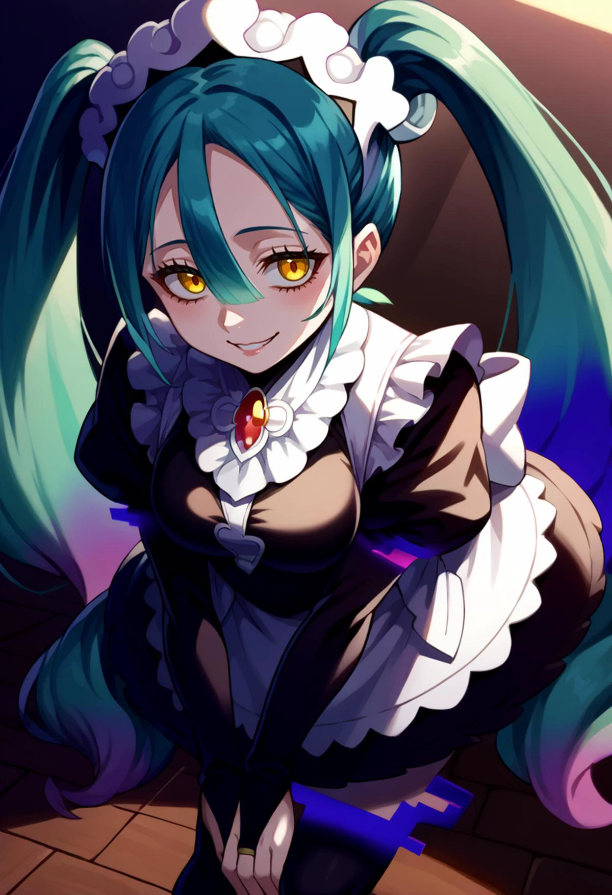 solo, score_9, score_7_up, source_anime, BREAK creepy smile, leaning forward, <lora:projectvoltage_ghostmiku_ponyXL:1> ghostmiku, gradient hair, aqua hair, blue hair, yellow eyes pale skin, twintails, glitch, <lora:fatesmaid-fe-richy-v1_pdxl:0.8> fates maid, maid headdress, maid apron, bridal gauntlets, black thighhighs,