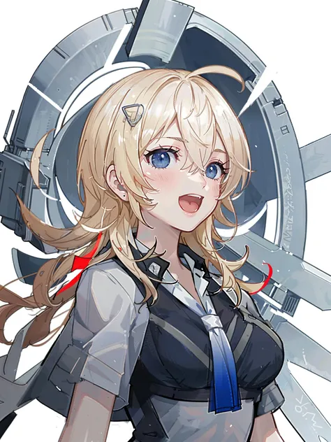 tuscaloosa /(kancolle/), 1girl, solo, gloves, blue necktie, white background, necktie, shirt, white gloves, blue shirt, upper body, simple background, heart, looking at viewer, open mouth, breasts, ahoge, smile, bangs, short sleeves, hairclip, original, intricate detail, illustration, masterpiece, extremely detailed CG unity 8k wallpaper, highlight, sharpening, dynamic, <lora:Tuscaloosa:0.5>