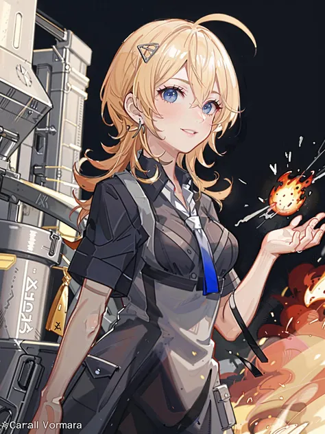 masterpiece, exquisite, high-resolution, single woman, blonde, short-haired, pretty face, good style, high school girl, city, america, (((nuclear explosion))), steam explosion, smile, smile, detailed hands, detailed legs, angle from a distance 16k,