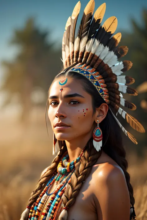 native americal beauty girl wearing native american clothes standing, sunny, exotic features, feather in hair, perfect body, Digital art, glow effects, Hand drawn, render, 8k, octane render, cinema 4d, atmospheric 4k, cinematic sensual, (extremely detailed CG unity 8k wallpaper)