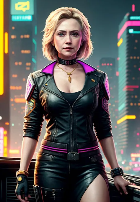 a painting of a Hillary Clinton, background, style of cyberpunk 2077, band of gold round his breasts