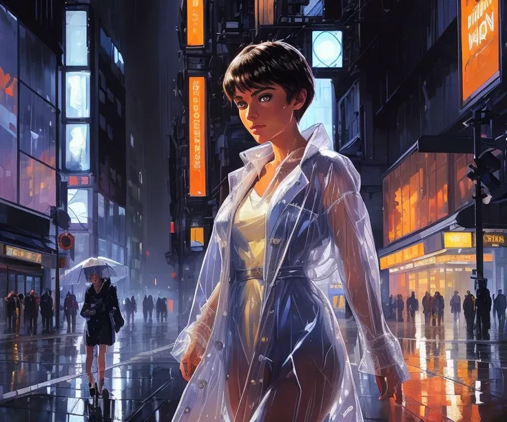  still by Syd Mead and Leonid Afremov, 
portrait of the girl walking [under the rain:0.2] on the (city street:1.3), transparent raincoat, night,  vibrant colors, (detailed facial features, detailed eyes:1.2), god rays, elegant, pixie cut, serene, close up