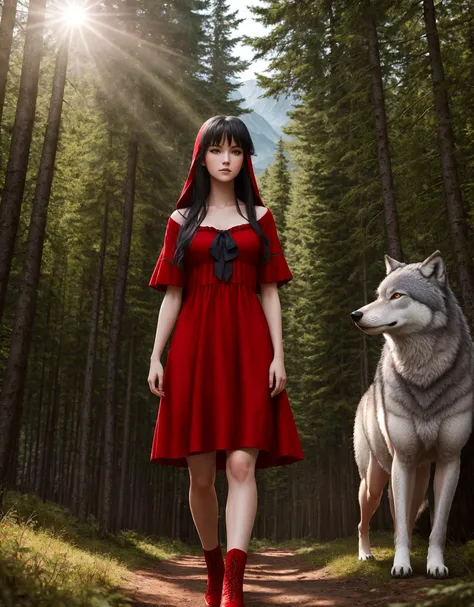 (Girl,Red dress,Black Hair,Blue eyes,Thin,Long legs,Little Red Riding Hood),( and one Gray Wolf man:1.2),Complex background,Forest,Mountains,Beautiful face,Natural light,Sun rays,High resolution 8 k,