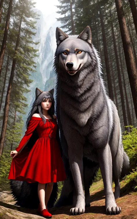 Girl,Red dress,Black Hair,Blue eyes,Thin,Long legs,Little Red Riding Hood,(((Big gray wolf metamorph man))),Complex background,Forest,Mountains,Natural light,Sun rays,High resolution 8 k,