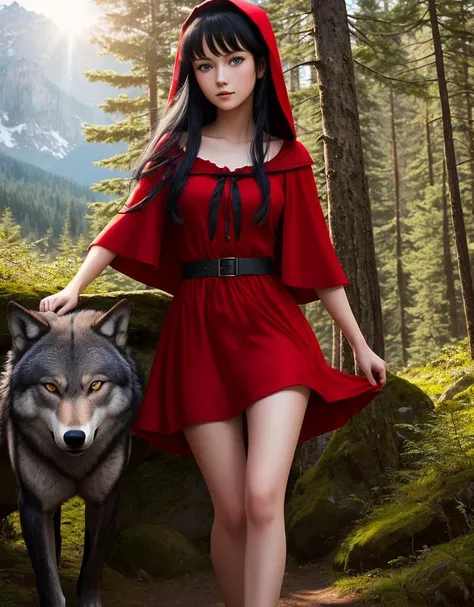 (one Girl,Red dress,Black Hair,Blue eyes,Thin,Long legs,Little Red Riding Hood),( and one Gray Wolf man:1.2),Complex background,Forest,Mountains,Beautiful face,Natural light,Sun rays,High resolution 8 k,