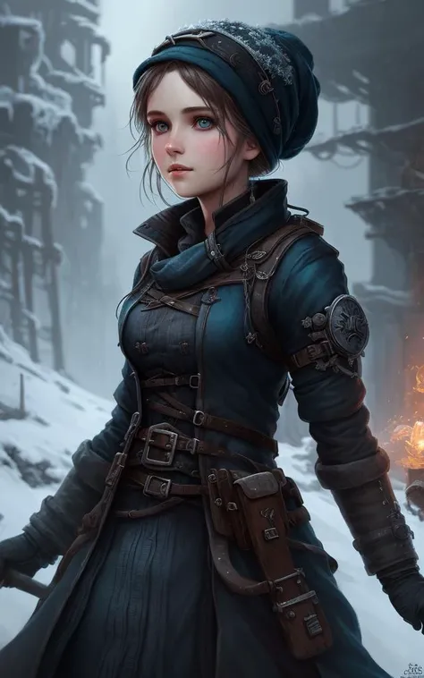 FROSTPUNK girl, diffuse lighting, fantasy, highly detailed, digital painting, illustration, complex background