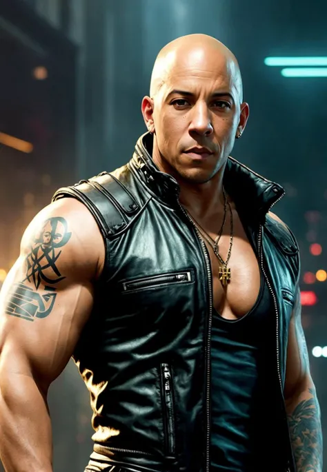 a painting of a (Vin Diesel), background, style of cyberpunk 2077, band of gold round his breasts