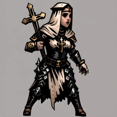 masterpiece, best quality, 1girl, priest, templar, armor, jewellery, cross, full body, sketch, darkest dungeon, solid gray background <lora:DarkestDungeon_hard:1>