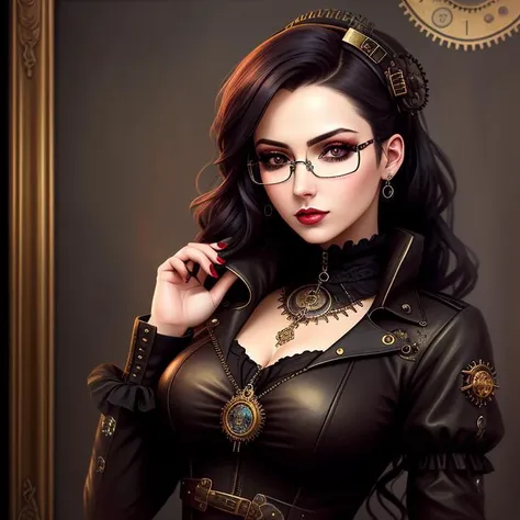 a painting of a woman, steampunk, eye implants, e-girl, gothic wearing, steampunk glasses, elegant girl, gothic girl face, grungy gothic, the encrypted metaverse, clockwork, aviators, girl in love