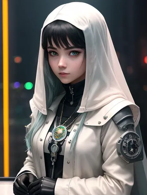 Detailed Ghotic Medieval portrait of cyberpunk style , futuristic (neon :1.1) reflective wear, sci-fi, robot parts, gold parts, machine face cinematic light, reflections, polished ef 50mm, ((art by Greg Rutkowsky)), (studio ghibli:1.1), artgern, art, illustration, ((dark atmosphere)), ((vegnette)), ((minimal palette colors)), soothing tones, muted colors, dim, calm colors, pastel colors highly details, intricate details
