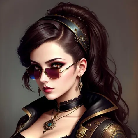 a painting of a woman, steampunk, eye implants, e-girl, gothic wearing, steampunk glasses, elegant girl, gothic girl face, grungy gothic, the encrypted metaverse, clockwork, aviators, girl in love