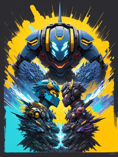 front view of blue and yellow photo of fusion of a robot monster, style of laurie greasley, studio ghibli, akira toriyama, james gilleard, genshin impact, trending pixiv fanbox, acrylic palette knife, 4k, vibrant colors, devinart, trending on artstation, low details, light colors, dark background