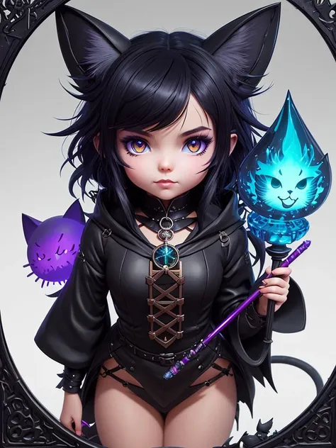 closeup of a cute cat witch with staff cloack and pack, D&D, 3d liquid detailing fluid acrylic concept art, dark vibes, satanic ritual, art by animated+ artgerm and greg rutkowski (cel shading) ++ anime++ pixar++