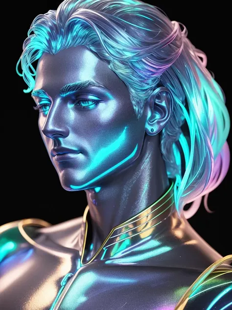 8k render of a glowing reflective iridescent male marble bust, glowing, dark hues, 8k. iridescent. very iridescent. trending on behance