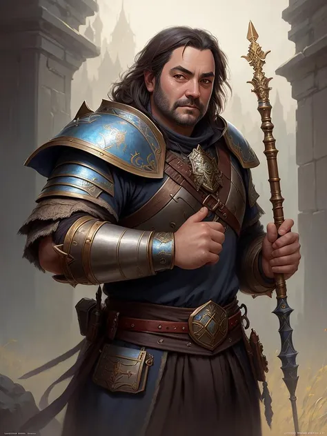a detailed portrait of pug in armor with long magic staff illustrator, by justin gerard and greg rutkowski, digital art, realistic painting, dnd, character design, trending on artstation