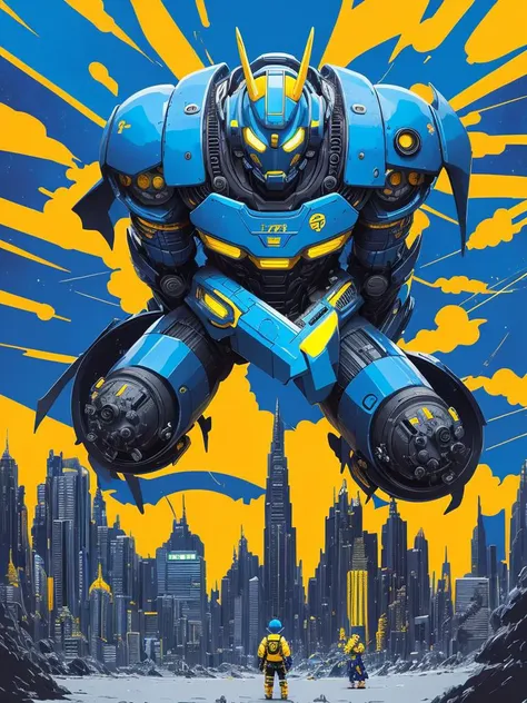 front view of blue and yellow photo of fusion of a robot monster, style of laurie greasley, studio ghibli, akira toriyama, james gilleard, genshin impact, trending pixiv fanbox, acrylic palette knife, 4k, vibrant colors, devinart, trending on artstation, low details, light colors, dark background