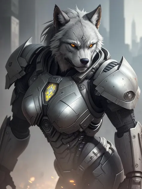 Portrait painting of a cybernetic grey werewolf with power armor, ultra realistic, concept art, intricate details, eerie, highly detailed, photorealistic, octane render, 8 k, unreal engine. art by artgerm and greg rutkowski and alphonse mucha