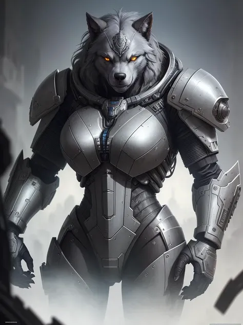 Portrait painting of a cybernetic grey werewolf with power armor, ultra realistic, concept art, intricate details, eerie, highly detailed, photorealistic, octane render, 8 k, unreal engine. art by artgerm and greg rutkowski and alphonse mucha