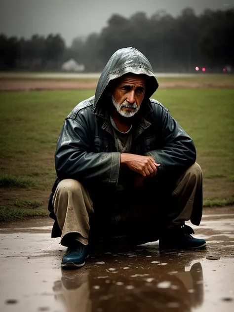 one man sitting on the ground, in worn and very old clothes, negative mood, guilt, heavy rain, soft particles, in the evening, wet reflective earth, artistic image, against the background of a battlefield, closeup