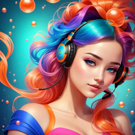 a painting of a woman with headphones in her hair, underwater bubbles background, drawn in the style of artgerm, front page of art station, video game characters designs, who is born from the sea, vibrantly colored, winamp skin, orange flowing hair, photo illustration, header