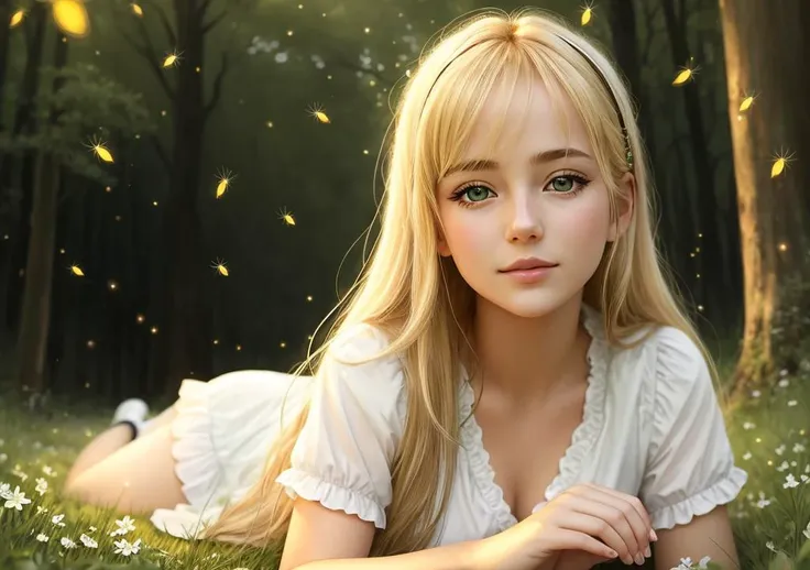 a woman laying in the grass next to a forest full of fireflies, highly detailed soft lighting, blonde girl, beautiful moths, detailed anime eyes with pupils, photo of, antialiased, it is emitting a bright, firefly, by Hinchel Or, verdant, lucid
