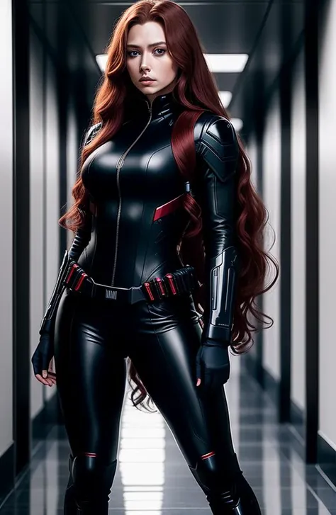 a woman in a black suit standing in a hallway, still from the avengers, red long wavy hair, a bulletproof vest, fullbodysuit, yeast, kobalt blue, inspired by Puru, red waist-long hair, scarlet johansen, defence, hunt, her face is coated in a whitish, swat