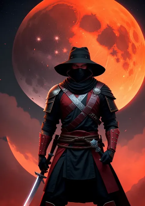 a man in a hat holding a sword in front of a red moon, urban samurai, anthem game inspiration, epic image, he has no nose, zen, inspired by ESAO, stunning screensaver, blade of grass, gentle shadowing, ian callum, love of wisdom, clean graphic design, by Ruud Janssen, amazing character