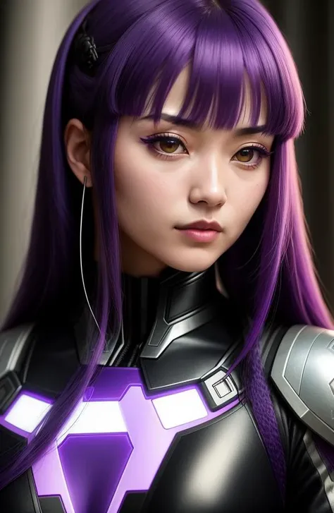 a close up of a person with purple hair, still from alita, imperial and elegant hair style, long straight bangs, misato katsuragi, grim dark orientalism, from avengers, center parted curtain bangs, neon hair, bright uniform background, inspired by Cheng Jiasui, long white hair and bangs