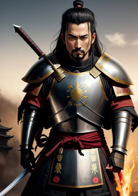 a painting of a man in armor with two swords, samurai movie poster, cool 3d visualisation, streaming on twitch, age of empires 3, japanese tv show, ( ( ( anime ) ) ), anime and manga, portrait of a mad general, kurdish samurai, kabuto, army, yoshitaka, realistic faces, wall