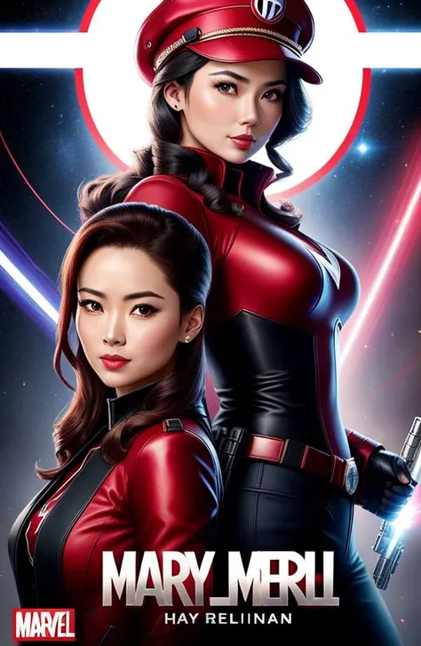 a woman in a red hat holding a gun, still from marvel movie, holding a ray gun, hyper-realistic cg, modern cartoon tv show, doing an elegant pose over you, tv series, woman holding another woman, colorised, authoritarian, cover, nbc, tipping his fedora, dots, colorized, an asian woman, vivd