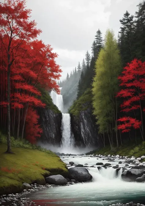 a painting of a tree in the middle of a river, best of art station, wind blows the leaves, rain aesthetic, scarlet background, streaming on twitch, artstatio, rain falls, very very very beautiful art, winds of winter, cute! c4d, standing near a waterfall, black and white painting, house telvanni