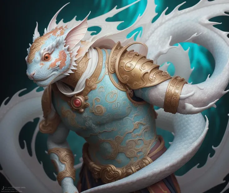 subsurface scattering, white, koi, rabbit deity with dragon armor, art nouveau swirls, vibrant colors, octane render, by jesper ejsing, james jean, justin gerard, tomasz alen kopera, cgsociety and fenghua zhong, highly detailed, rim light, art, cinematic lighting, very coherent, hyper realism, high detail, 8 k