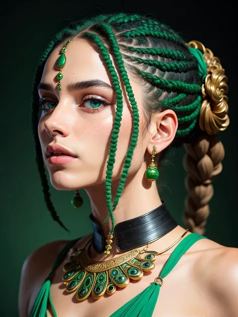 Protrait, photograph, androgynous hunnuman, oval jaw, delicate features, beautiful face, dreadlocked hair, long bangs, long ponytail, bright blue-green eyes, hindu art