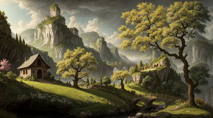 (cave, hills, Dichondra, Floratam, The Peach Tree, Hackberry, white oak, maple tree:0.9),
(in style of Adriaen van de Venne:1.1),
digital art, trending on artstation, detailed, hdr, cinematic