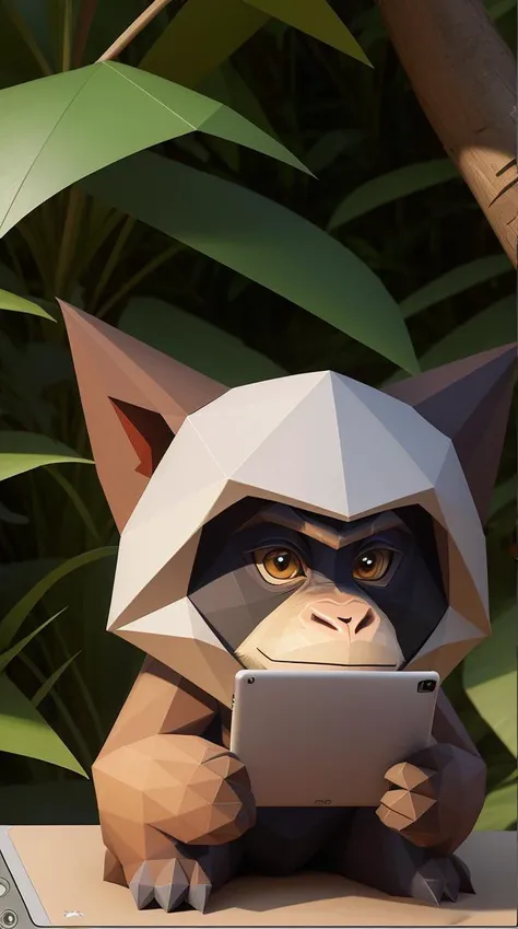 (low poly:1.2) , low poly monkey using tablet ipad in the jungle, looking down,
(borderlands:0.6),
cozy, masterpiece, extreme details, professional lighting