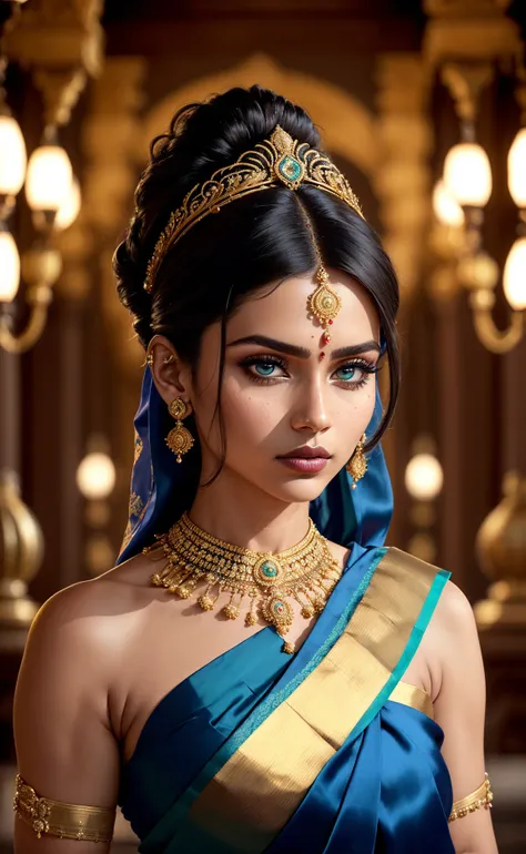 close-up RAW Portrait shot, photograph, androgynous human, oval jaw, delicate features, beautiful face, dark hair, (big bun:0.7), long bangs, hairband, long ponytail, bright blue-green eyes, (royal blue silk sari:1.4), 25yo stunning beautiful woman, (golden luxurious diadem with intricate details, gem:1.3), intricate details, skin texture, natural skin pores, dark dramatic studio lighting, cinematic shot,tan, dark olive skin, symetrical face, lascivious looking at viewer, parted lips, full lips, smokey eyes, bun pillow, elaborate hairstyle, dark lips, standing inside a hindu temple mith intricate ornament