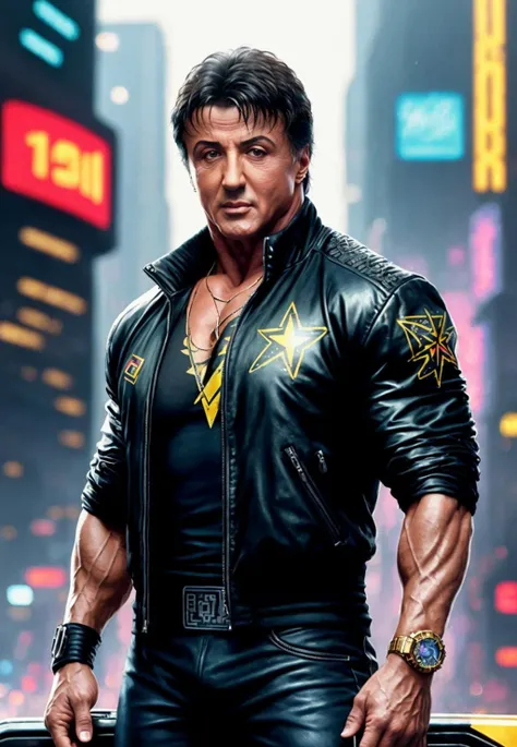 a painting of a (Sylvester Stallone), background, style of cyberpunk 2077, band of gold round his breasts