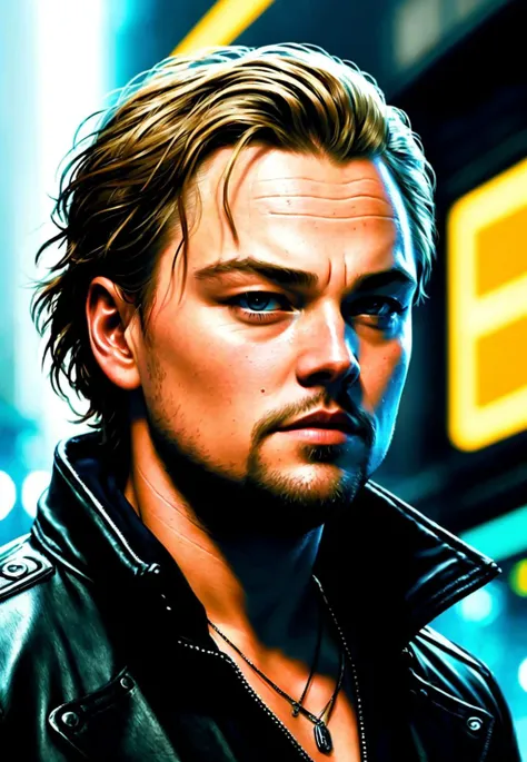 a painting of a Leonardo DiCaprio, background, style Cyberpunk 2077