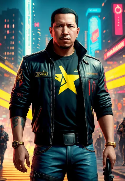 a painting of a Hugo Chavez, background, style of cyberpunk 2077, band of gold round his breasts