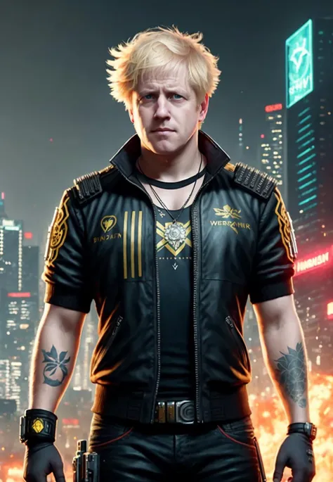a painting of a Boris Johnson, background, style of cyberpunk 2077, band of gold round his breasts