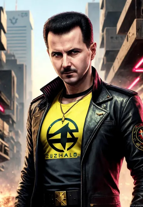 a painting of a Bashar al-Assad, background, style of cyberpunk 2077, band of gold round his breasts