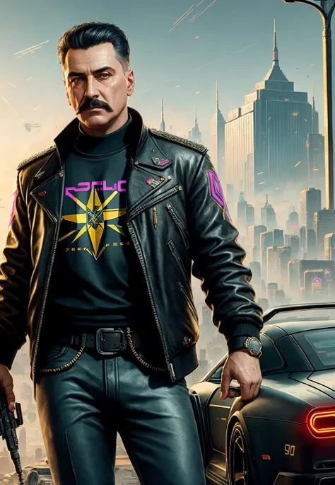a painting of a iosif stalin 55yo, background, style of cyberpunk 2077, band of gold round his breasts